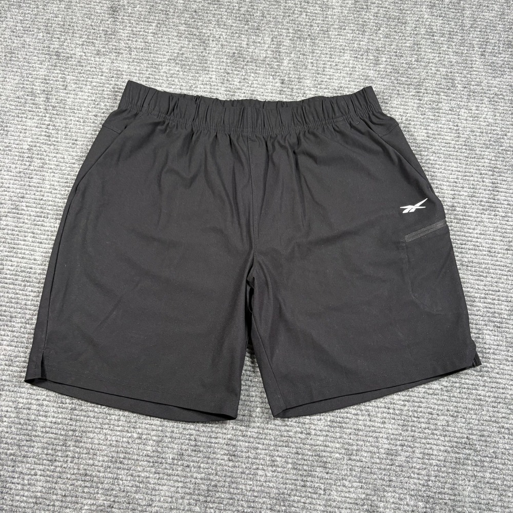 Reebok Mens Athletic Shorts Large Black Elastic Waist Zipper Pocket Activewear